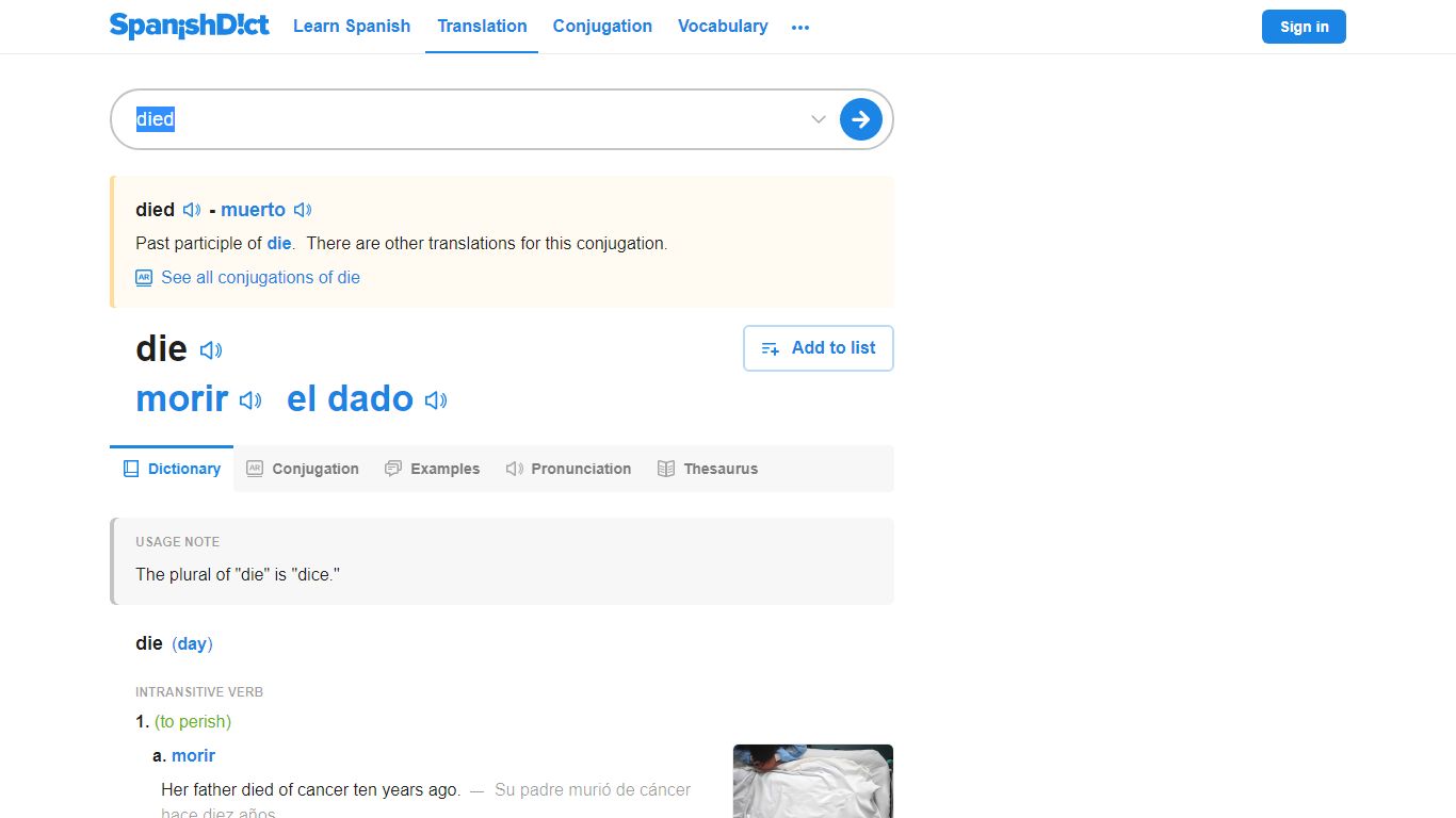 Died in Spanish | English to Spanish Translation - SpanishDict