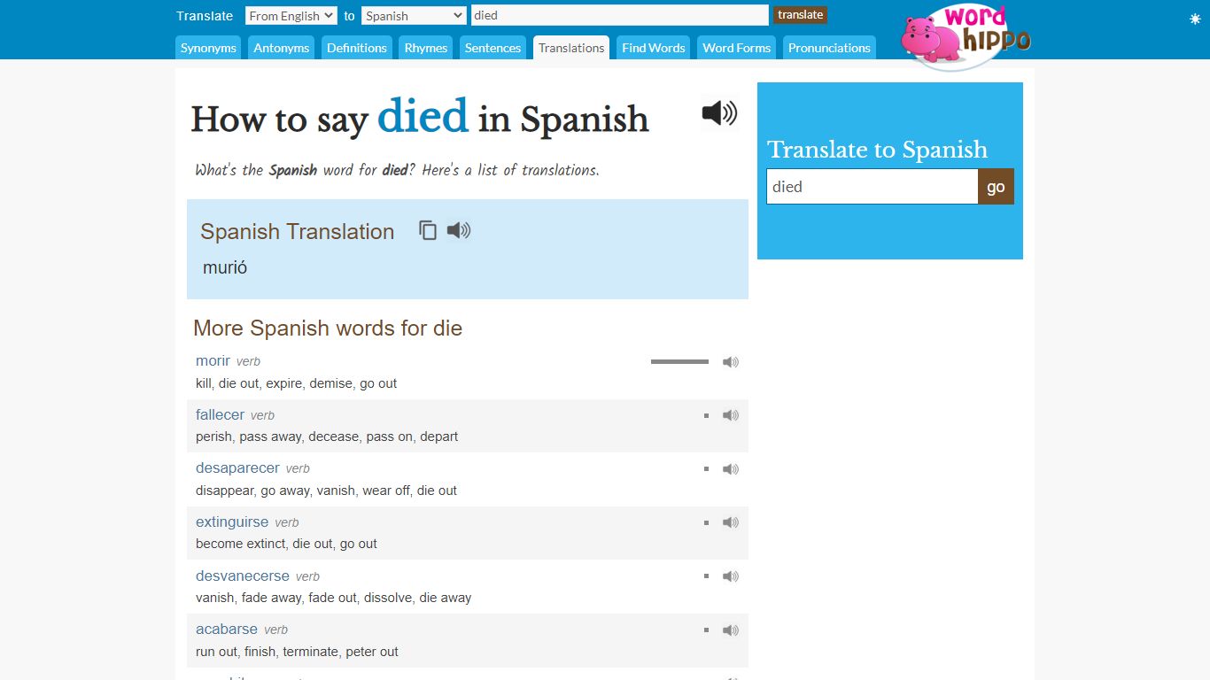 How to say died in Spanish - mix2.wordhippo.com