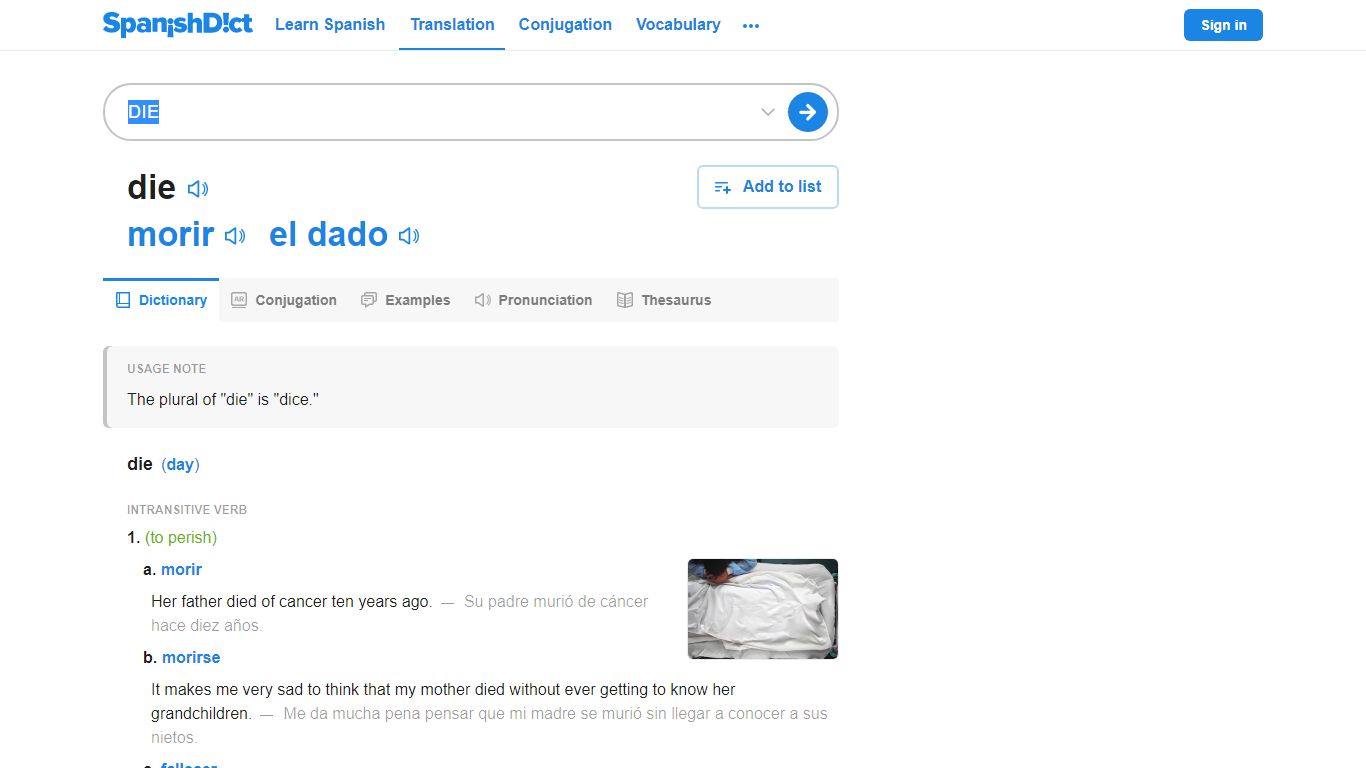 DIE in Spanish | English to Spanish Translation - SpanishDict