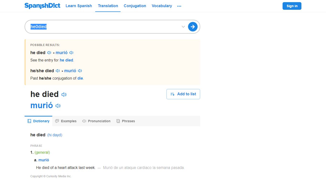 He died in Spanish | English to Spanish Translation - SpanishDict