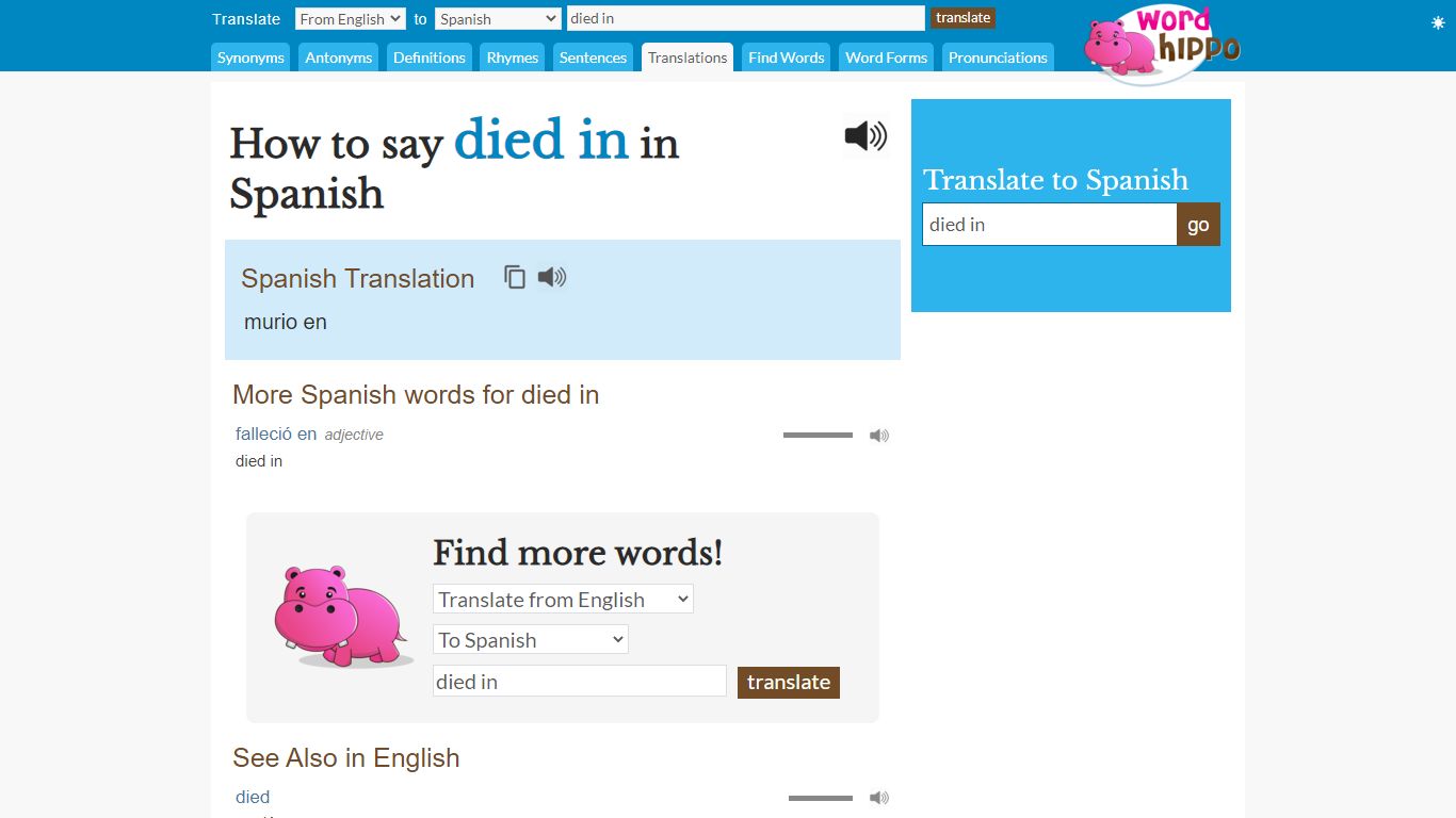 How to say died in in Spanish - wordhippo.com